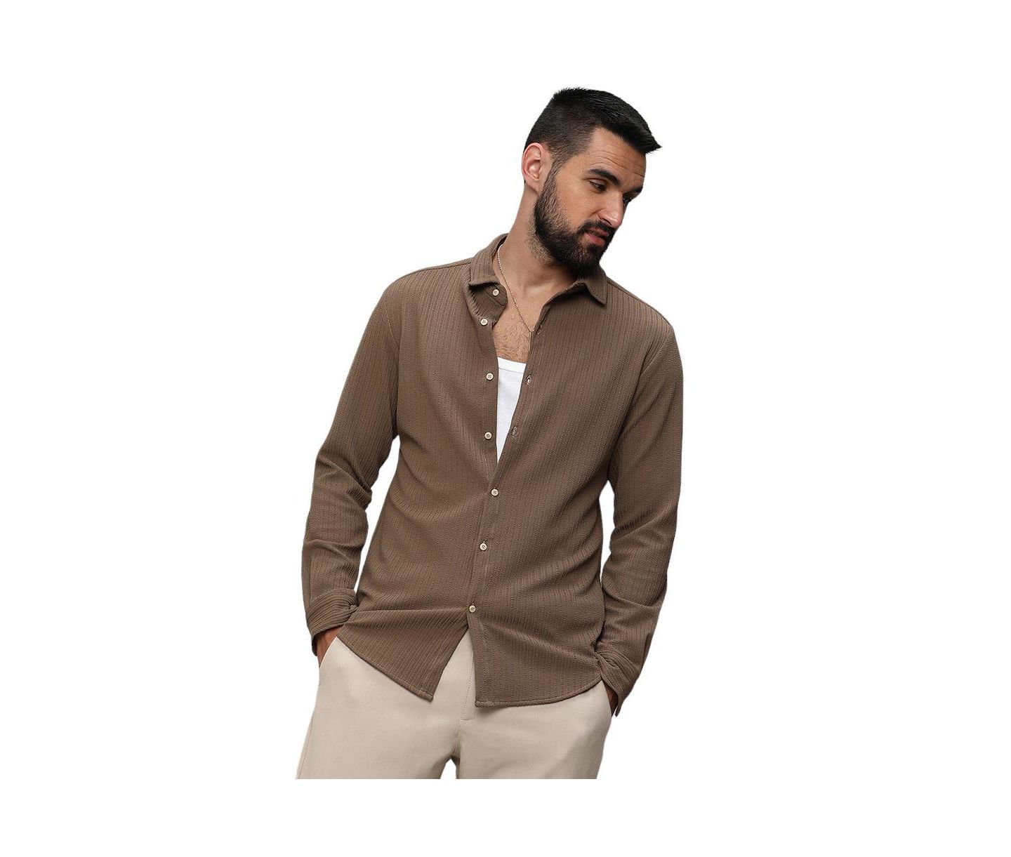 Мужская рубашка Cahoot Campus Sutra Tan Brown Stripe-Creased, цвет: Коричневый — фото 1