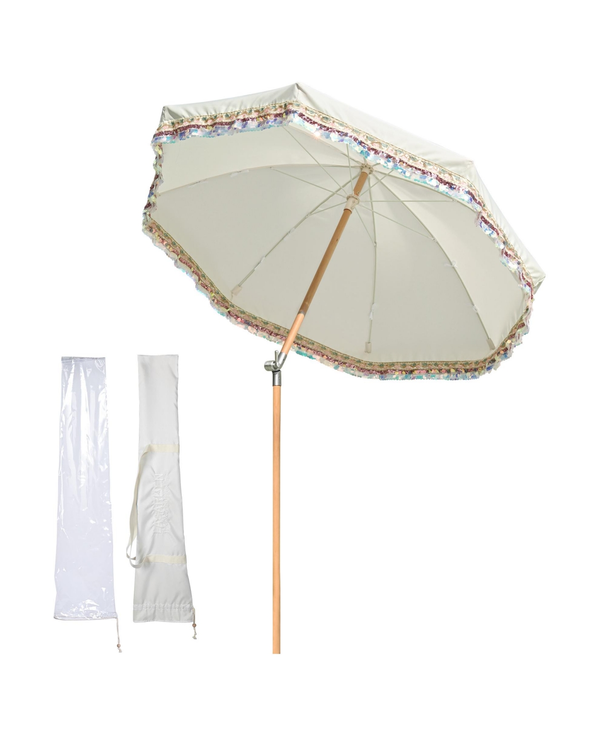 6 Ft Fringe Patio Umbrella with Tassel Jazz Age Wood for Garden, Beige with muti-colored sequin,Model: JZ6-12 - Ivory with muti-colored sequi