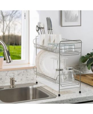 USA 2-tier Slim-sized Dish Rack with Drain Spout, Dish drying rack, dish drainer, White