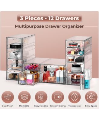12 Drawers Acrylic Organizer for Makeup, Organization and Storage, Art Supplies, Jewelry, Stationary - 3 Pcs Clear Stackable Storage Drawers