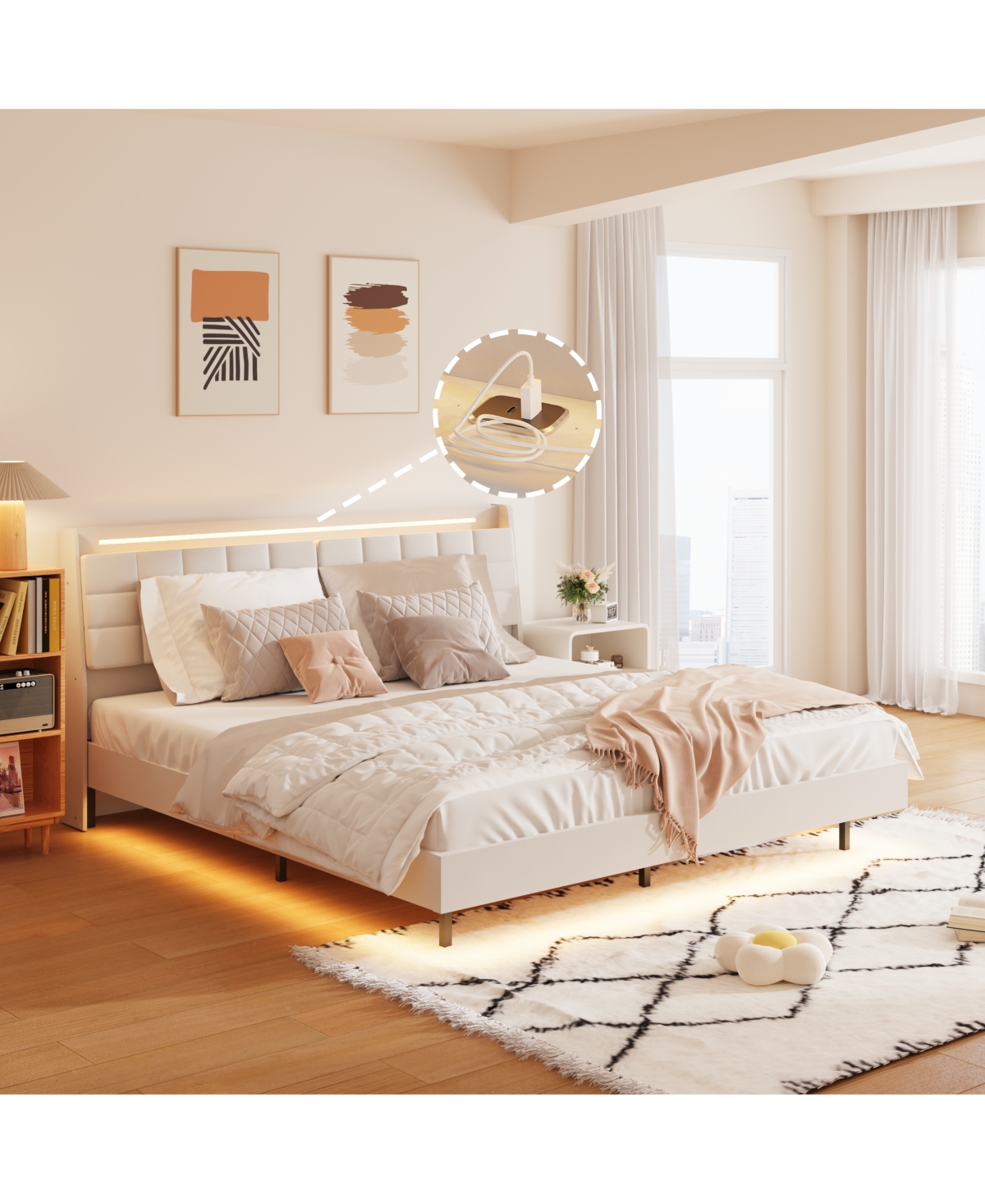 MondaweFloating Bed Frame with Led Light and Charging Station Upholstered Platform - Beige/Khaki