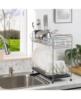 USA 2-tier Slim-sized Dish Rack with Drain Spout, Black