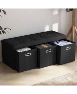 40" Linen Collapsible Tufted Linen Long Bench Storage Ottoman with 3 Drawers