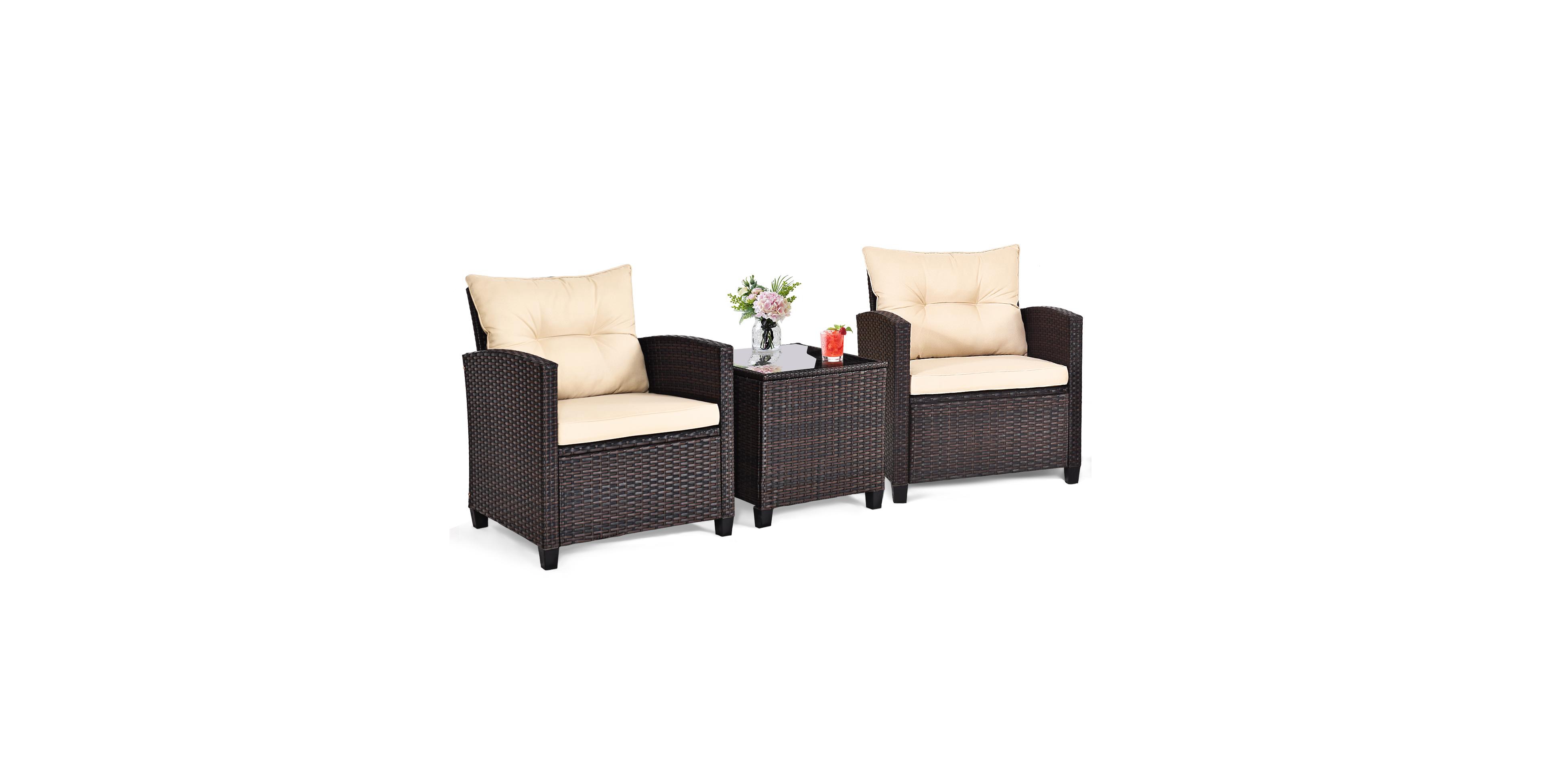 Givimo 3 Pieces Patio Rattan Furniture Set with Washable Cushions and Tempered Glass Tabletop
