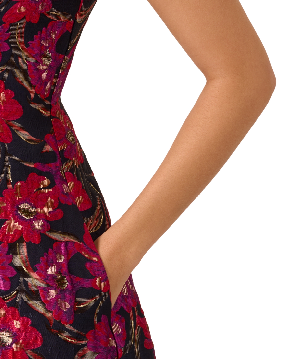 Adrianna Papell Women's Ruffled Floral Jacquard High-Low-Hem Dress -Red Multi