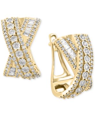 EFFY&reg; Diamond Round & Baguette Crossover Huggie Hoop Earrings (7/8 ct. t.w.) in 14k Two-Tone Gold