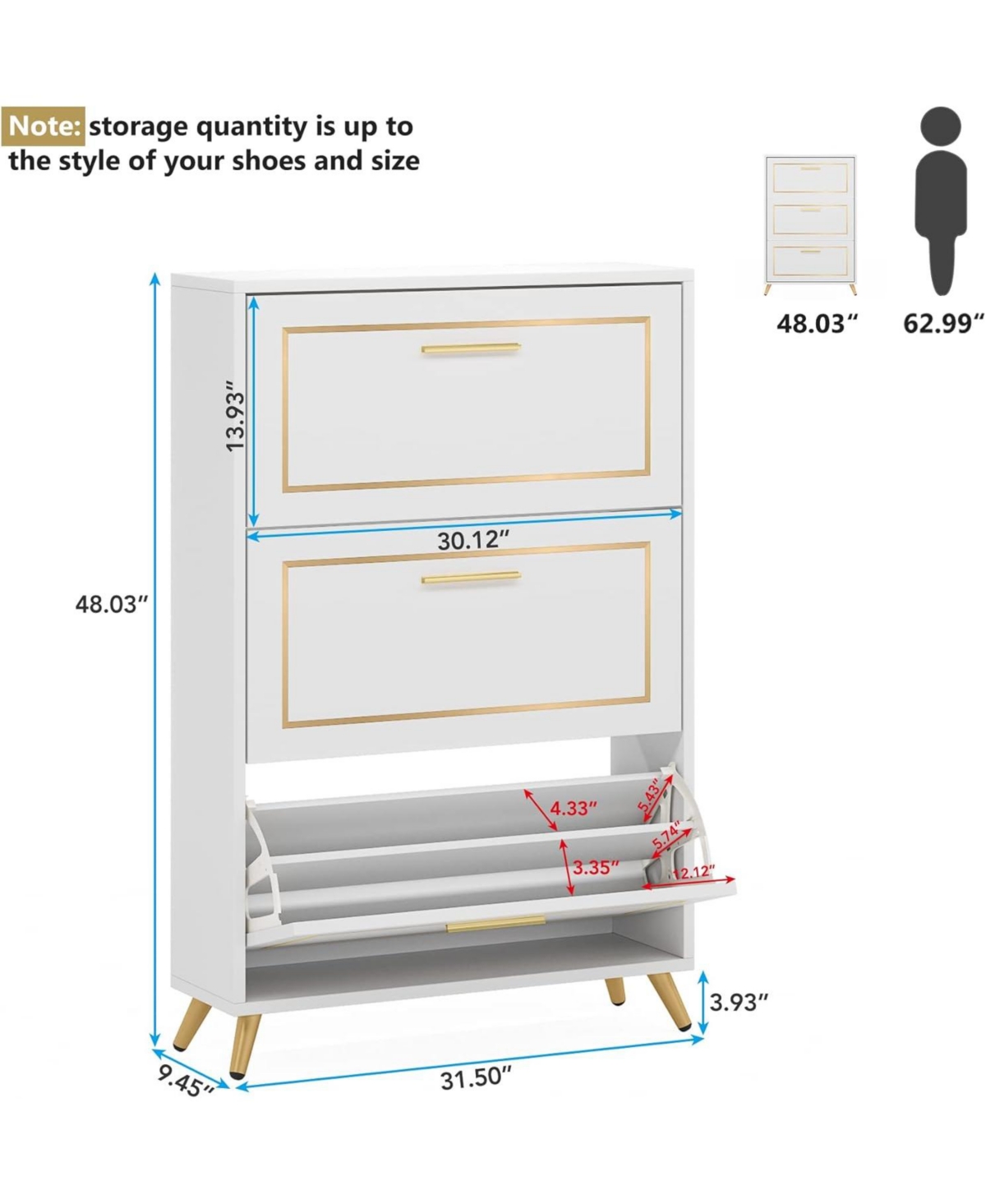 Tribesigns Shoe Storage Cabinet with 3 Flip Drawers, Freestanding Shoes Organizer with Metal Legs for Entryway, Narrow Shoe Rack Cabinets