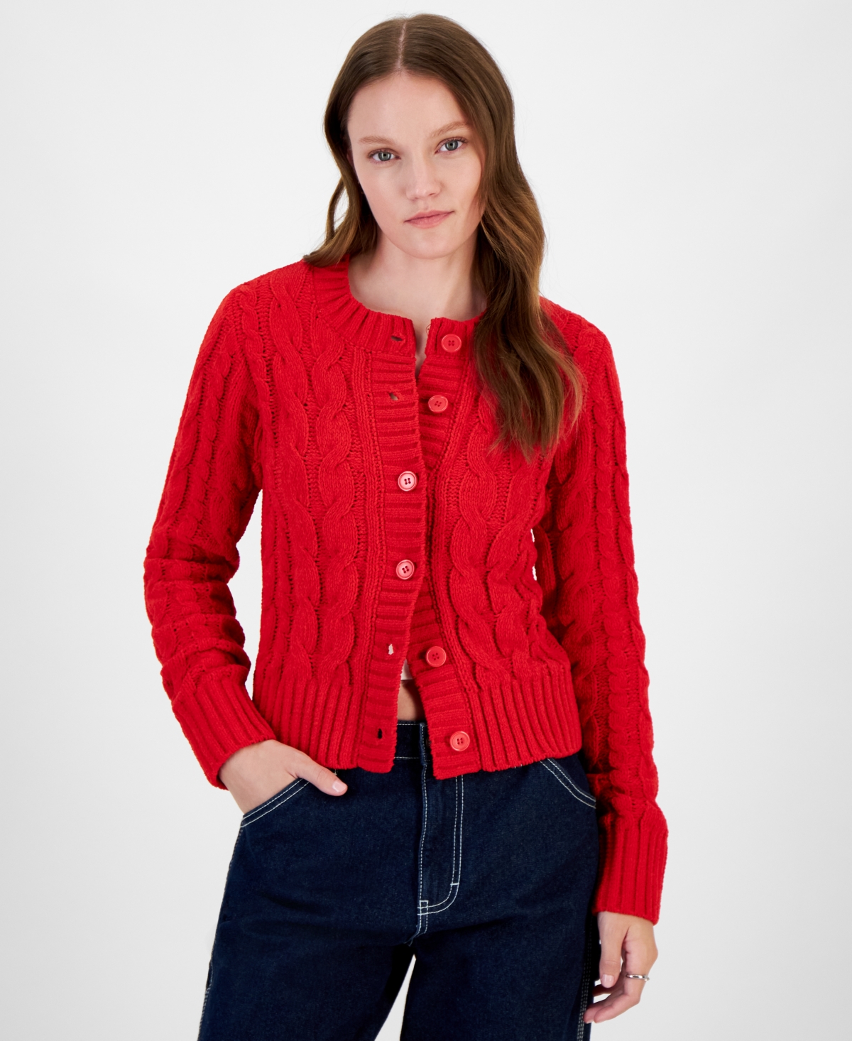 Hippie Rose Juniors Crewneck Chunky Cable knit Cardigan In Red ModeSens
