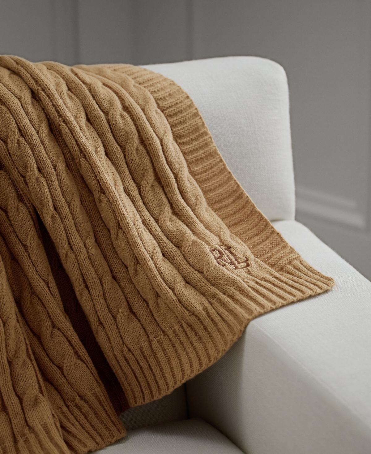 Ralph Lauren Jamie Cable-knit Throw Blanket In Beige