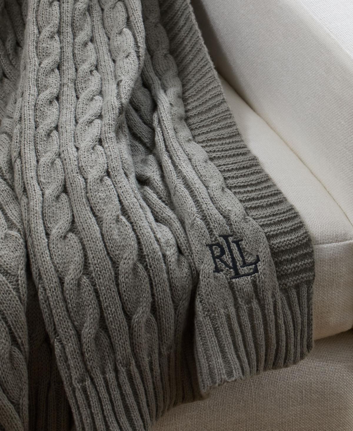 Ralph Lauren Jamie Cable-knit Throw Blanket In Grey