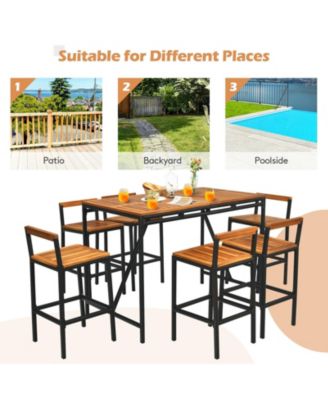 7 Pieces Acacia Wood Patio Rattan Bar Set with Umbrella Hole