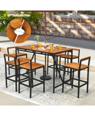 7 Pieces Acacia Wood Patio Rattan Bar Set with Umbrella Hole