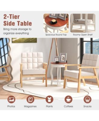 2-Tier Round End Table with Storage Shelf and Solid Rubber Wood Legs