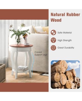 2-Tier Round End Table with Storage Shelf and Solid Rubber Wood Legs