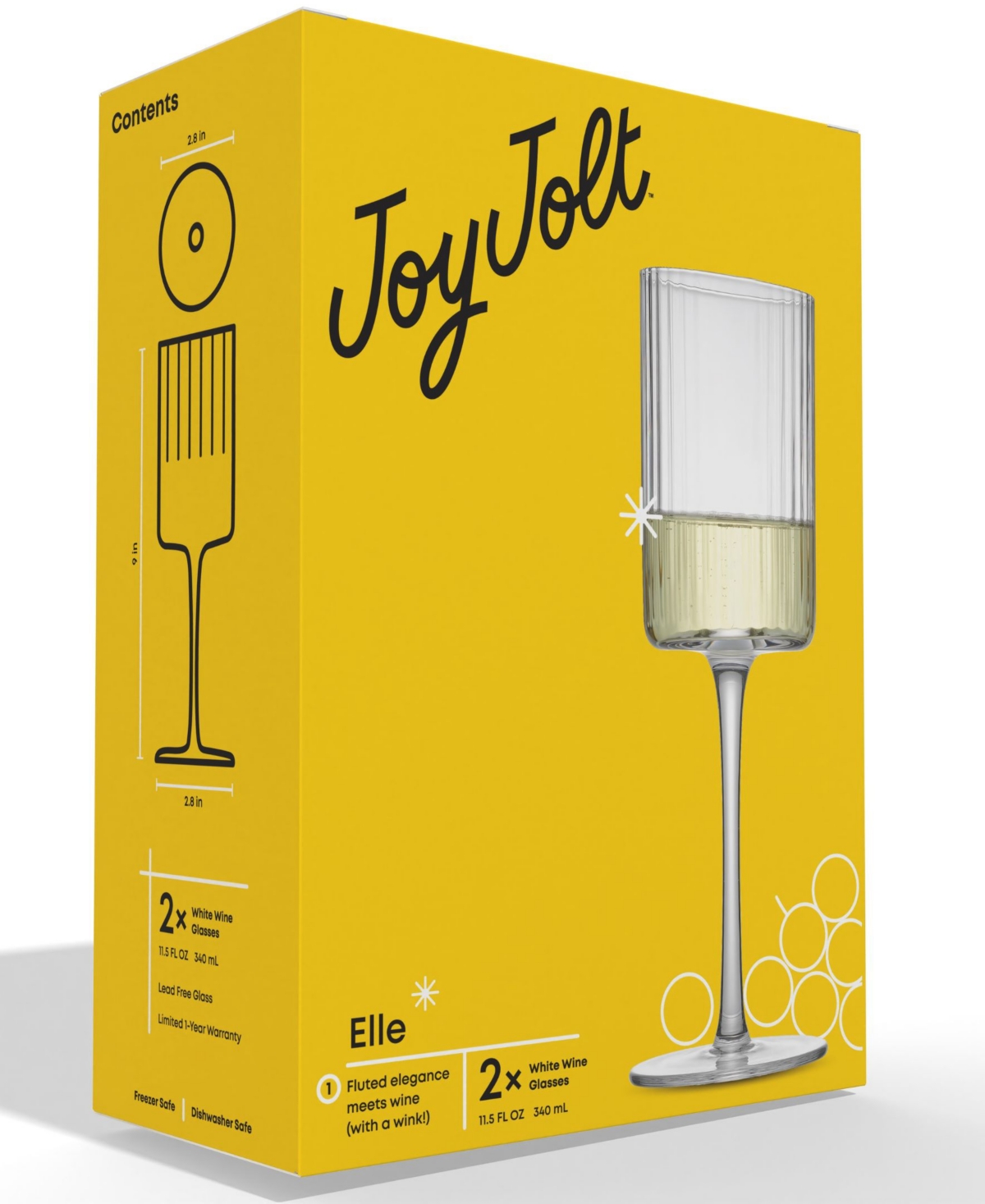 JoyJolt Elle Fluted Cylinder White Wine Glasses, Set of 2