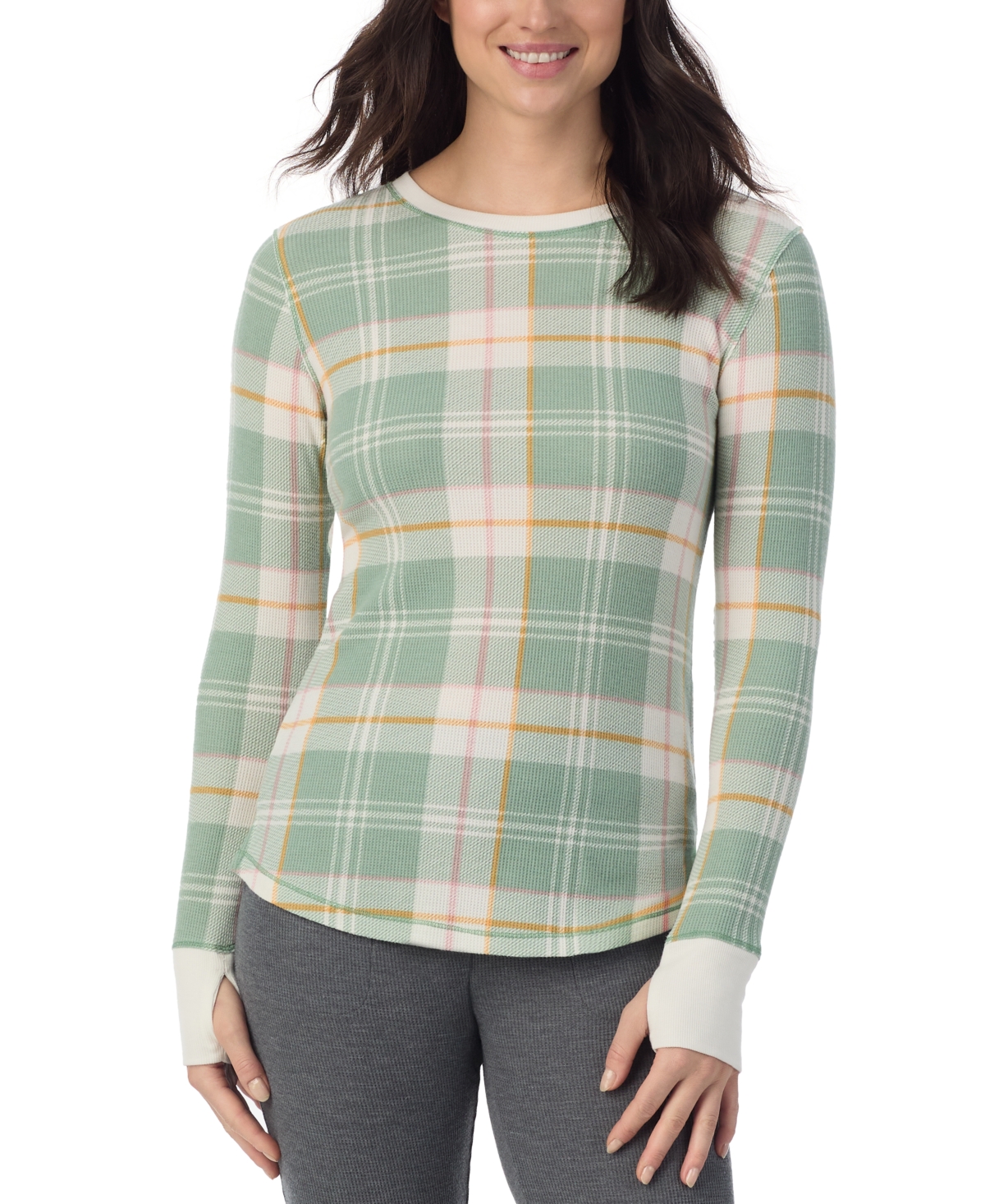 Cuddl Duds Petite Stretch Thermal Crewneck Top In Green Check