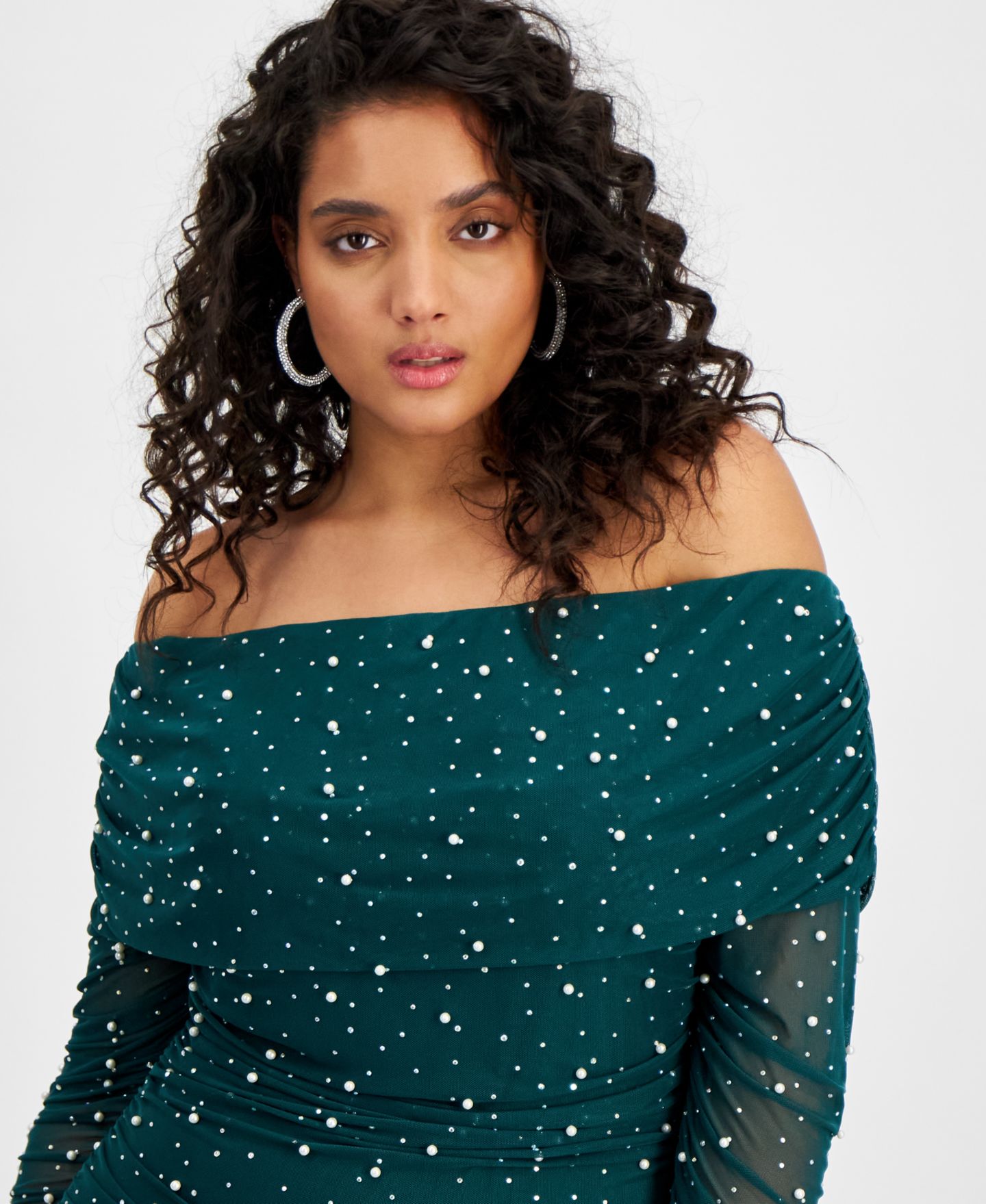 Женские платья B Darlin Trendy Plus Size Off-The-Shoulder Pearl Gown, цвет: Тёмно-синий — фото 8
