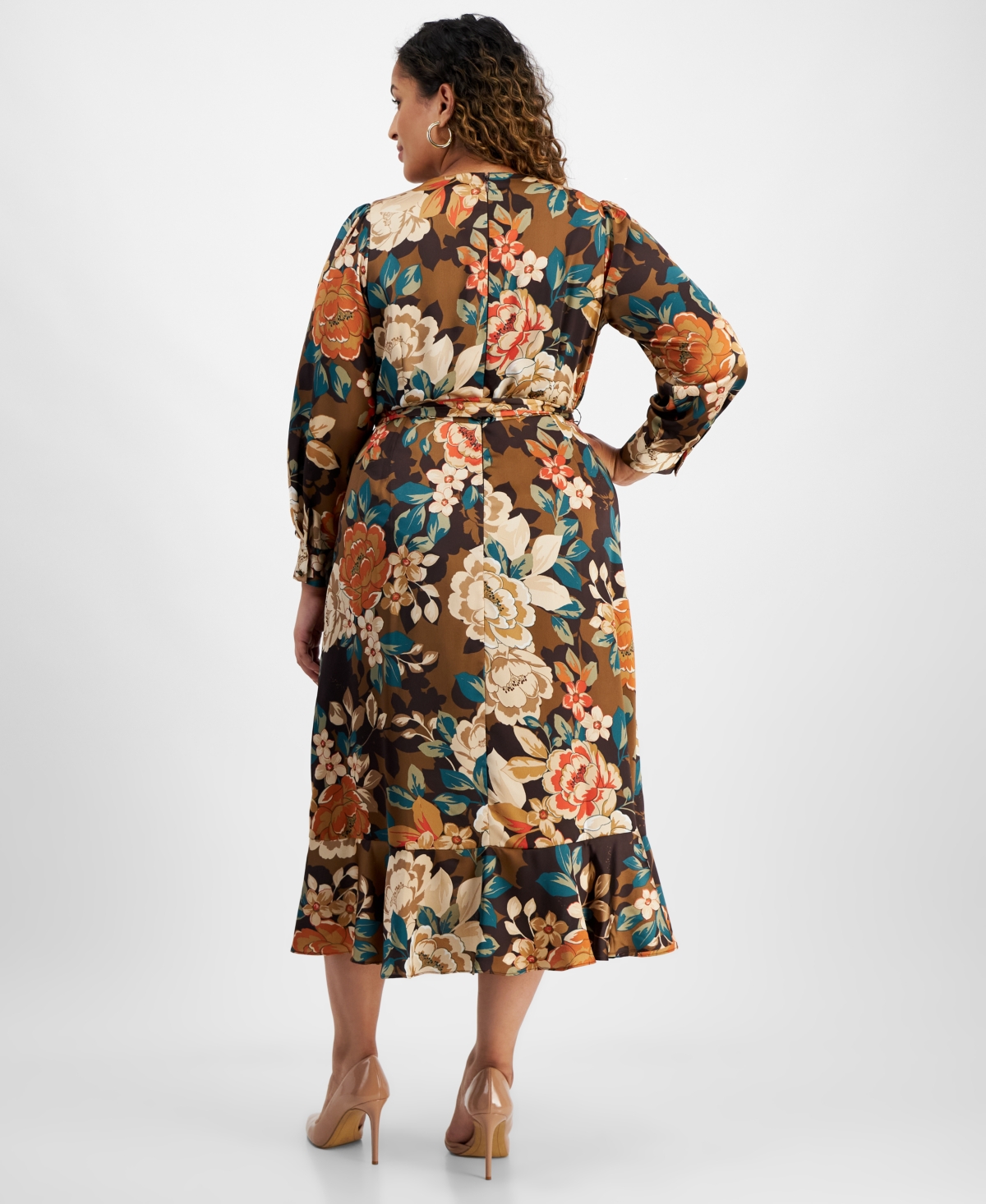 Tahari Plus Size V-Neck Long-Sleeve Faux-Wrap Midi Dress