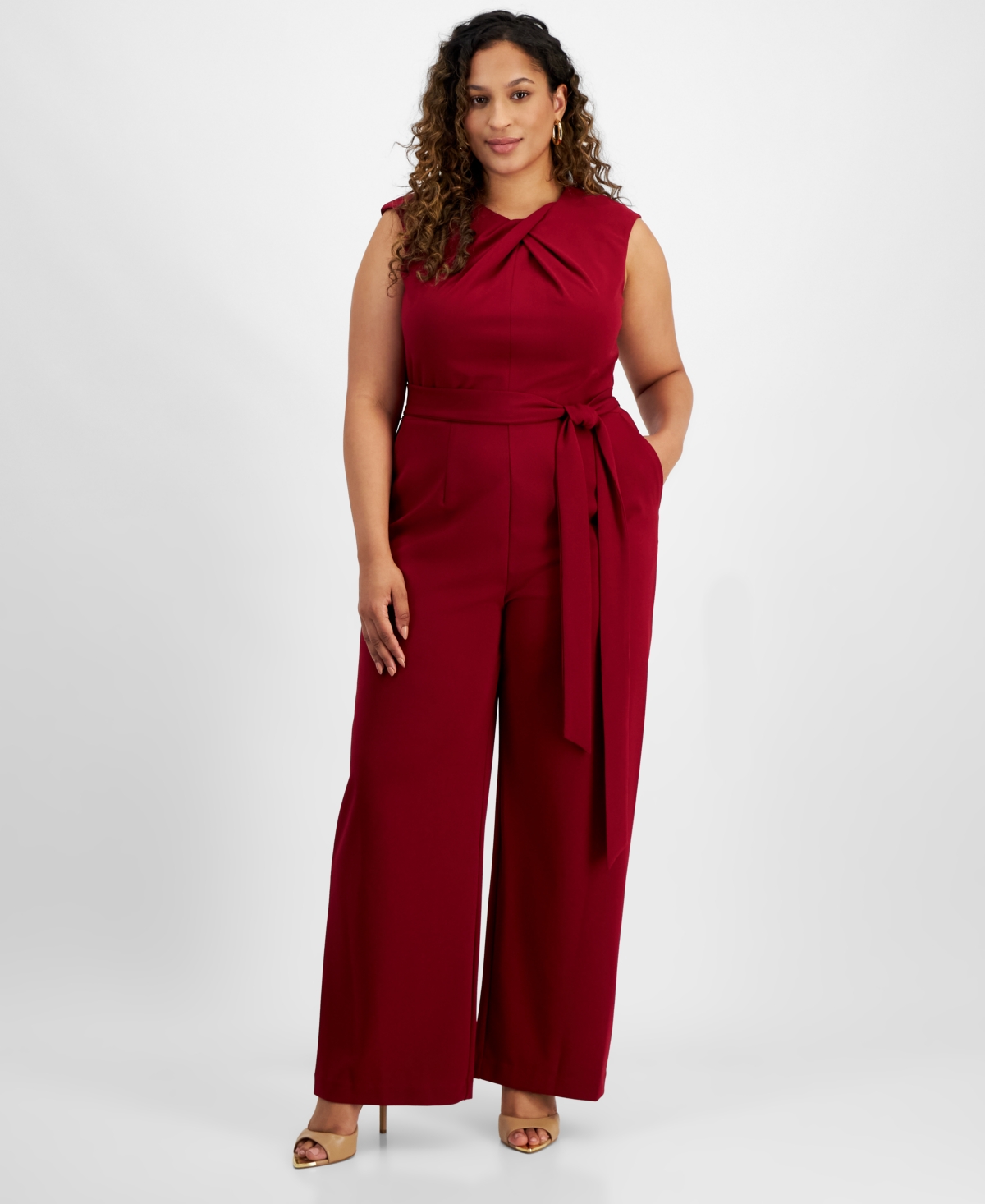 Tahari Plus Size Sleeveless Scuba Crepe Tie waist Jumpsuit In Mulberry ModeSens