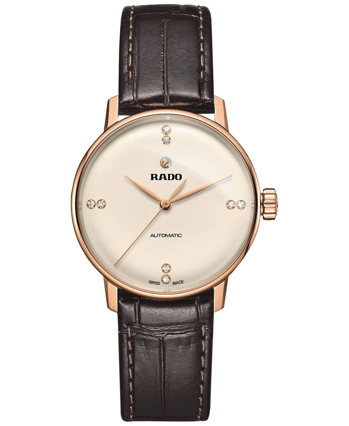 Rado - Women's Swiss Automatic Coupole Classic Diamond Accent Dark Brown Leather Strap Watch 32mm R22865765