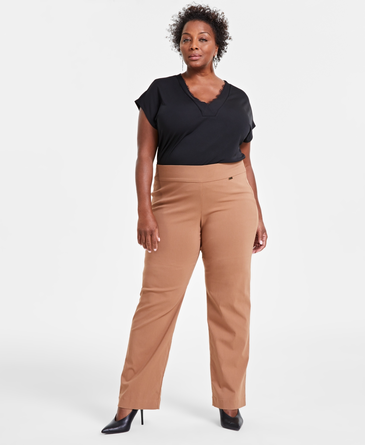 Plus Size Mid-Rise Pull-On Straight-Leg Pants, Created for Macy's - Brown Saira
