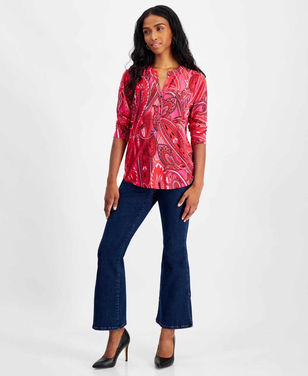 INC INTERNATIONAL CONCEPTS PETITE PRINTED LONG-SLEEVE TOP, CREATED FOR MACY'S 