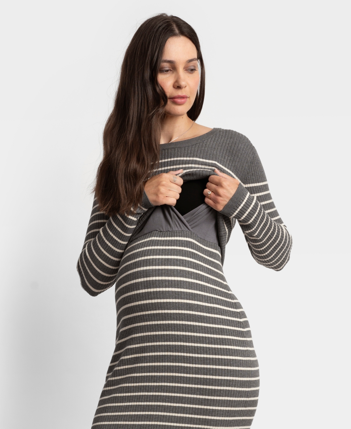 Shop Seraphine Women's Maternity Soft-stretch Ribbed Sweater Midi Dress In Gray White