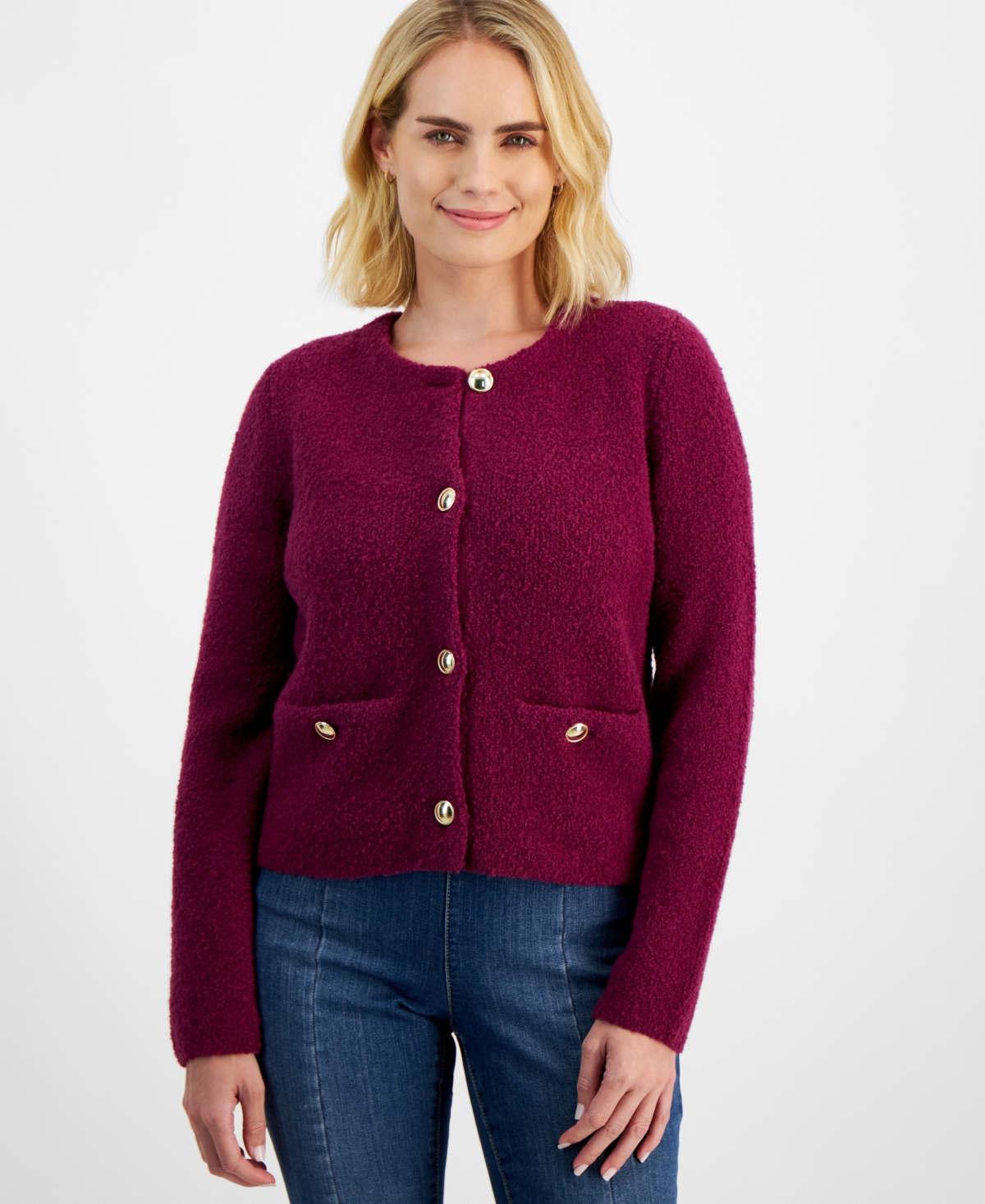 Petite Button-Front Boucle Cardigan, Created for Macy's - Rhodolite