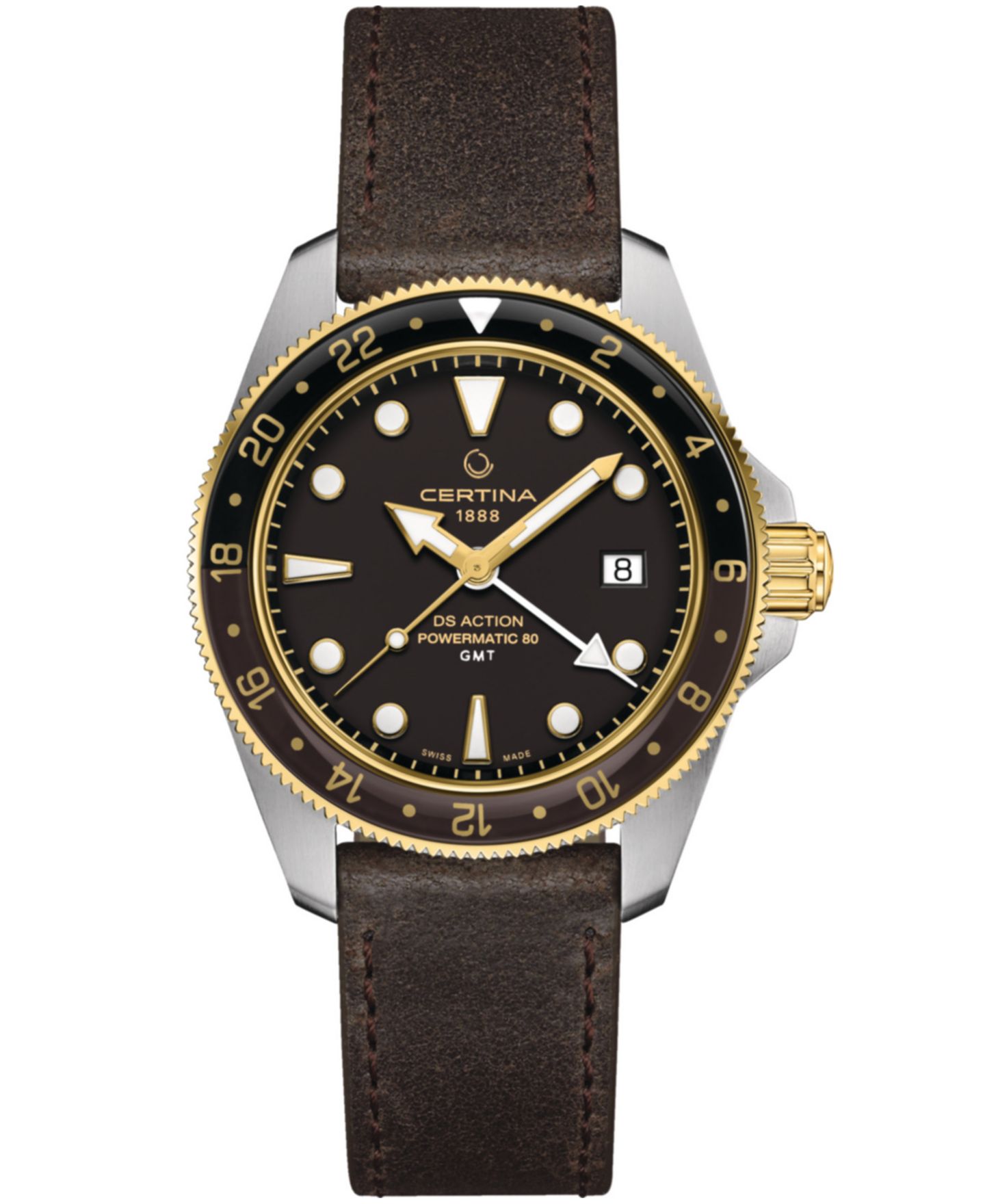 Мужские часы Certina Swiss Automatic DS Action GMT Powermatic 80 Brown Leather Strap Watch 41mm — фото 1