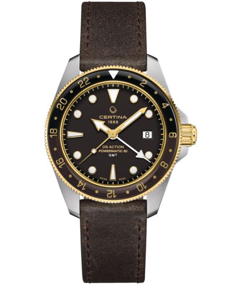 Мужские часы Certina Swiss Automatic DS Action GMT Powermatic 80 Brown Leather Strap Watch 41mm