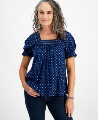 Style & Co - Women's Crochet Square-Neck Puff-Sleeve Top