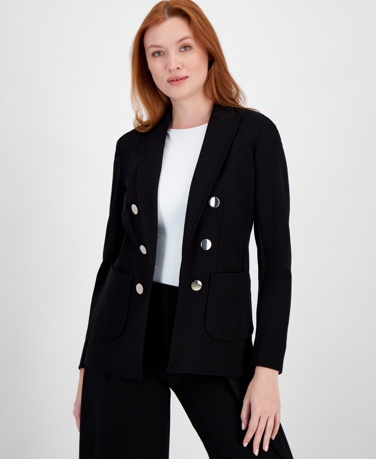 Anne Klein Petite Compression Faux-double-breasted Blazer, Macy's Exclusive In Black