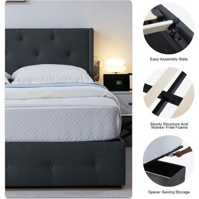 Streamdale Queen Bed Frame with Storage, Lift Up, Wingback Headboard, USB Ports