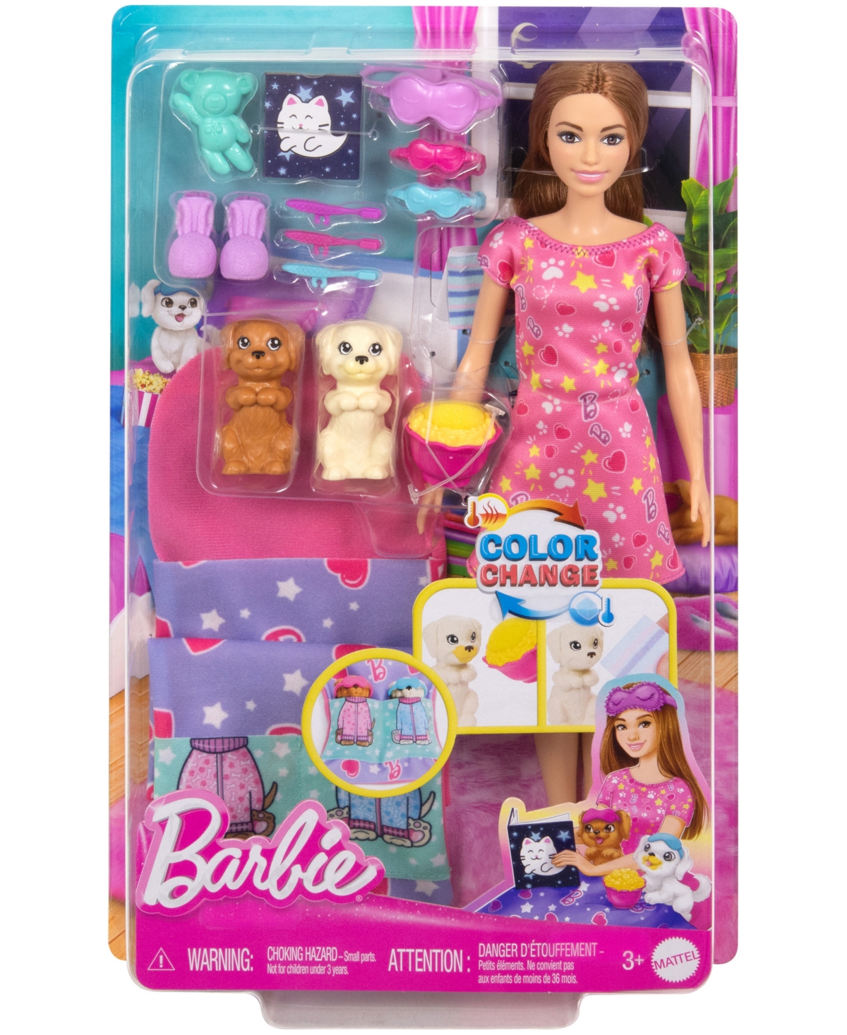 Barbie Doll Puppy Slumber Party Playset With 2 Toy Dog Figures, 10+ Accessories, Color-change In Multi-color