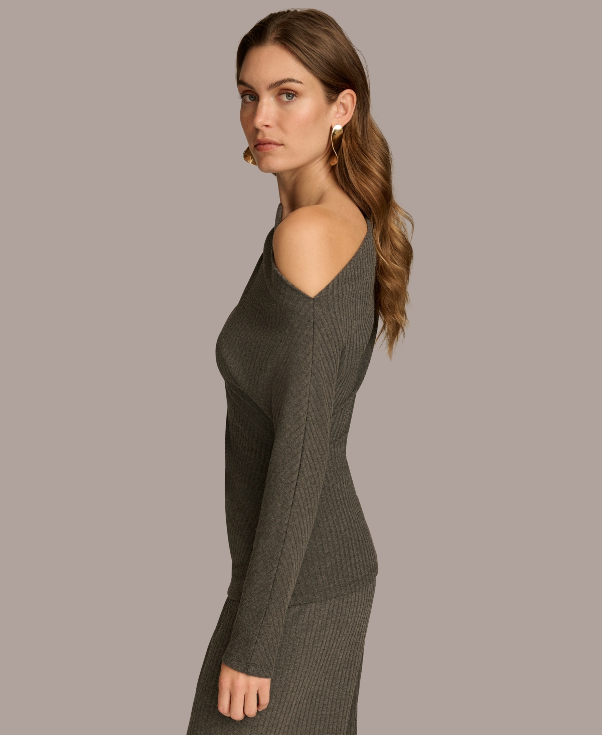 Donna Karan New York Women's Rib Knit Asymmetric Neck Top
