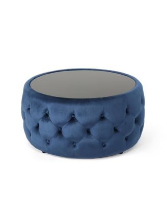 Modern Glam Velvet Button-Tufted Glass-Top Ottoman