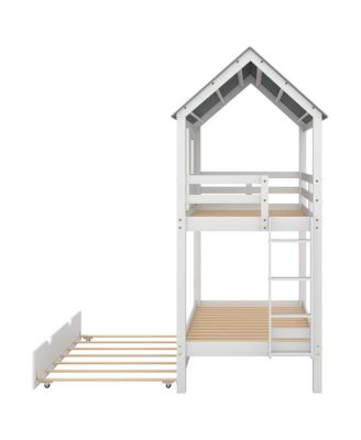 House Bunk Bed With Trundle, Roof And Windows Twin