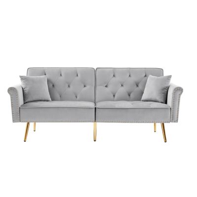   Velvet Tufted Sofa Couch with 2 Pillows and Nailhead Trim