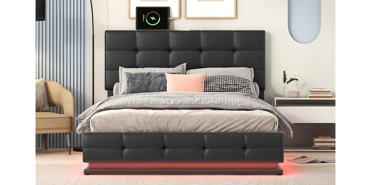 Streamdale Furniture Full Size Tufted Upholstered Platform Bed With Hydraulic Storage System, Pu Storage Bed