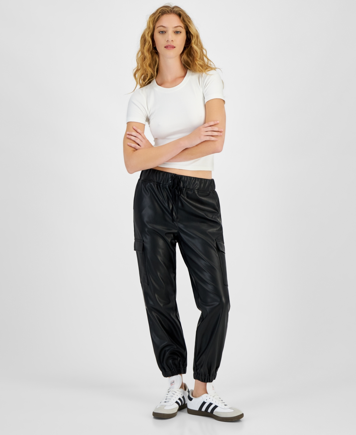 TINSELTOWN JUNIORS' FAUX-LEATHER CARGO JOGGER PANTS 