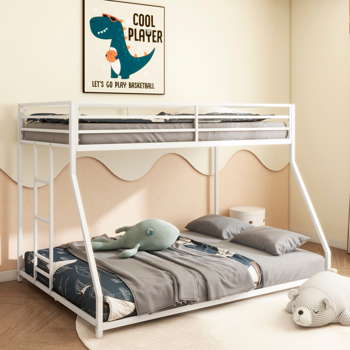 Streamdale Furniture Adam Sturdy Twin over Full Metal Bunkfor Kids and Adult, Low Profile and Easy Climbing with Stable Ladder - White