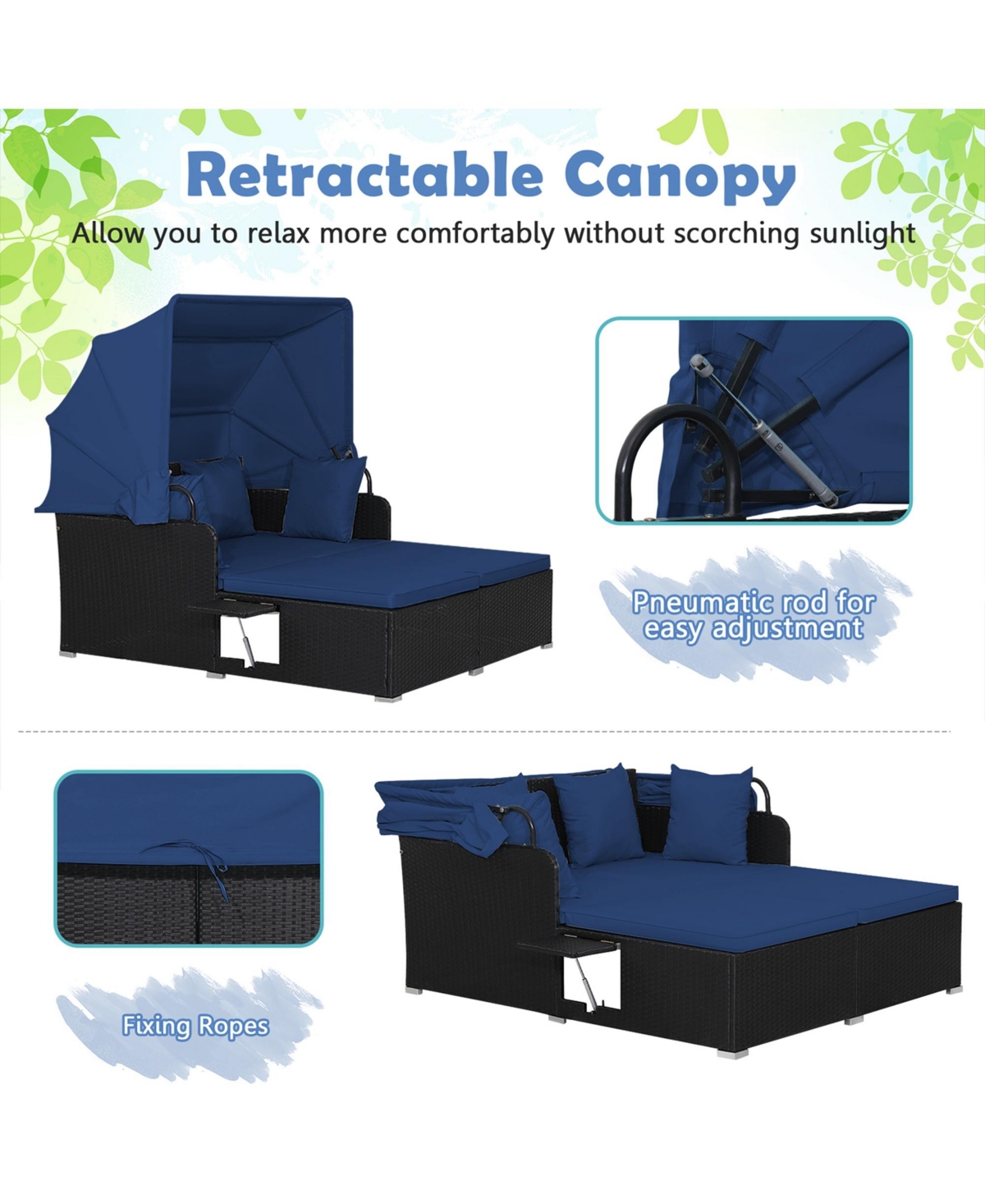 Costway Patio Rattan Daybed Lounge Retractable Top Canopy Side Tables Cushions