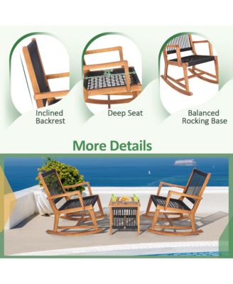 3pcs Patio Acacia Wood Bistro Table Rocking Chair Set All-Weather Rope Outdoor
