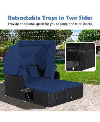 Patio Rattan Daybed Lounge Retractable Top Canopy Side Tables Cushions