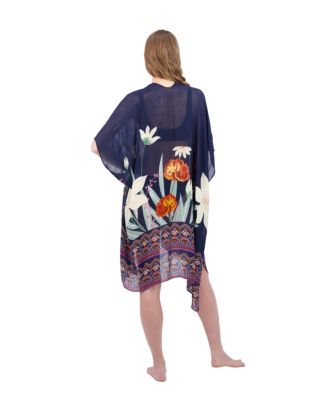 Tahari Women's 100% Viscose Lightweight Tropical Print Kimono, Navy