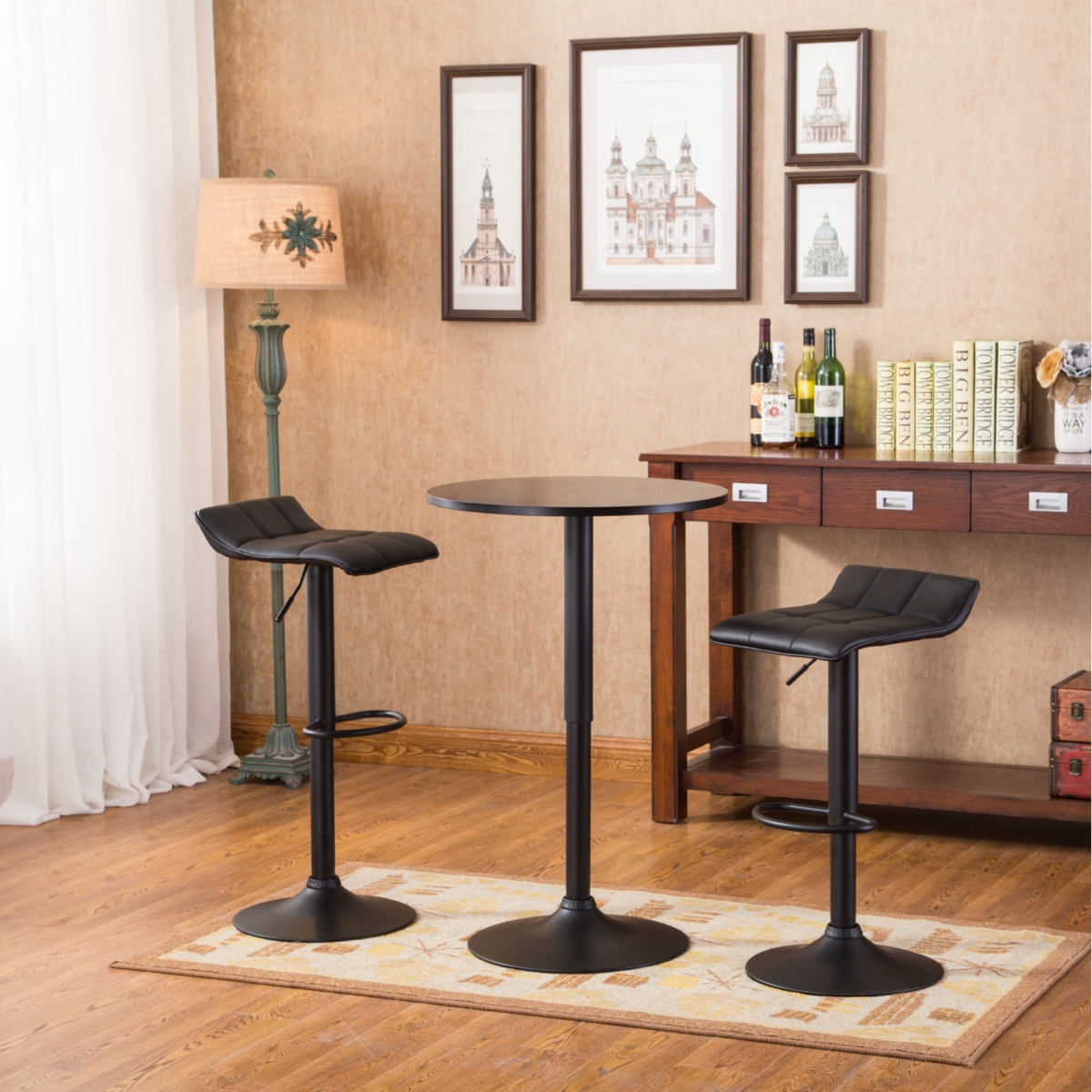 Streamdale Furniture Belham Black Round Top Adjustable Height Bar Table and 2 Bonded Leather Swivel Bar Stools