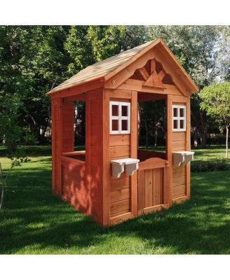 All Wooden Kids Playhouse With 2 Windows And Flower Pot Holder, 42"L x 46"W x 55" H