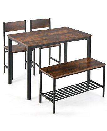 4 Pieces Rustic Dining Table Set with 2 Chairs and Bench