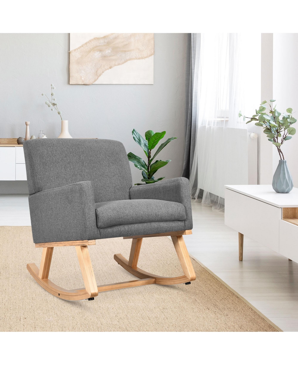 Gymax Mid Century Fabric Rocking Chair Upholstered Accent Armchair Lounge Gray