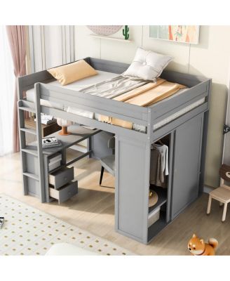 Simplie Fun Wood Full Size Loft Bed With Wardrobes And 2-Drawer Desk With Cabinet
